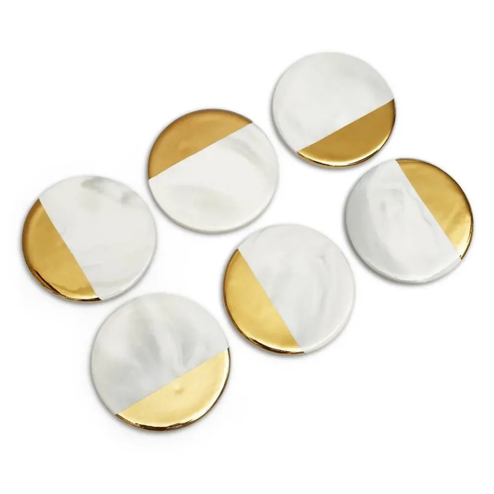 Unbranded Marble and Gold Coasters Set of 6 White Round Glam Home Decor